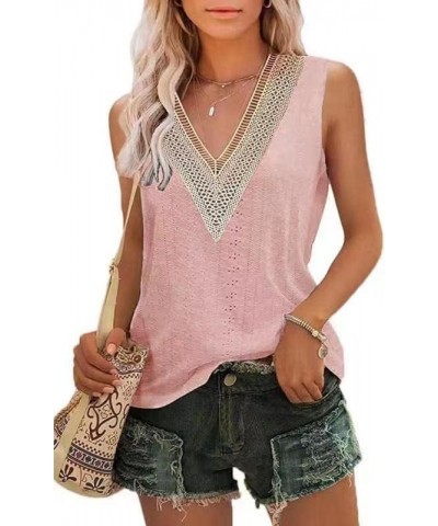 2024 Women's Sleeveless Tank Tops Lace Summer Tops V Neck Cute Shirt Pink $8.39 Tops