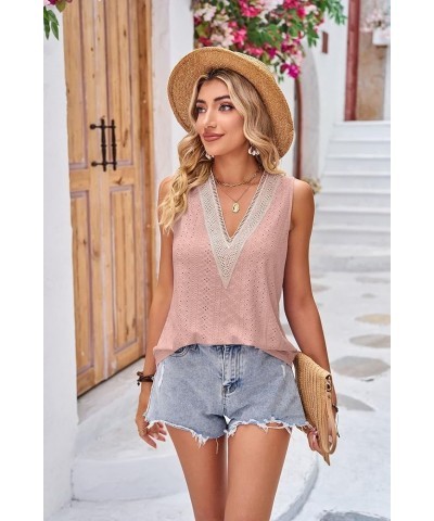 2024 Women's Sleeveless Tank Tops Lace Summer Tops V Neck Cute Shirt Pink $8.39 Tops