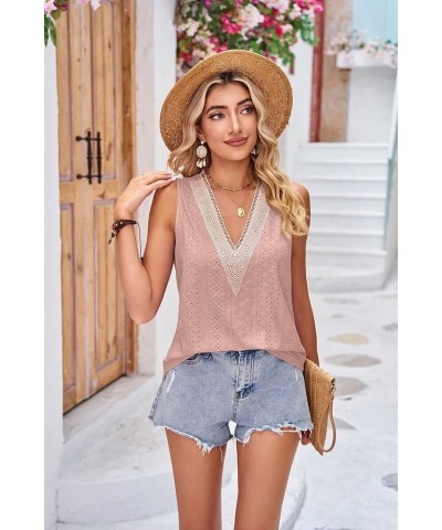 2024 Women's Sleeveless Tank Tops Lace Summer Tops V Neck Cute Shirt Pink $8.39 Tops