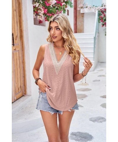 2024 Women's Sleeveless Tank Tops Lace Summer Tops V Neck Cute Shirt Pink $8.39 Tops