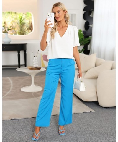 Business Casual Tops for Women Work Blouses Dressy Short Puff Sleeve Office Pleated V Neck Trendy Summer Blouse Brilliant Whi...