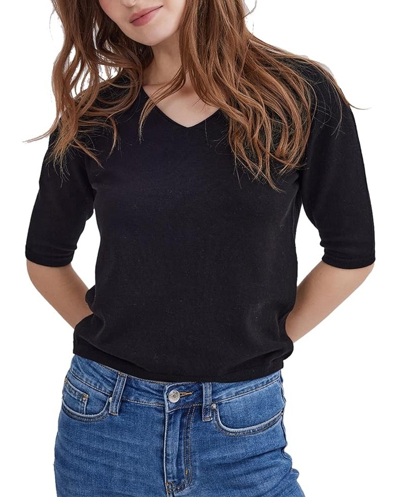 Women's Short Sleeve Sweaters V Neck, Casual Basic Solid Color Pullover Sweater, Lightweight Soft Knit T-Shirt Tops 714 Black...