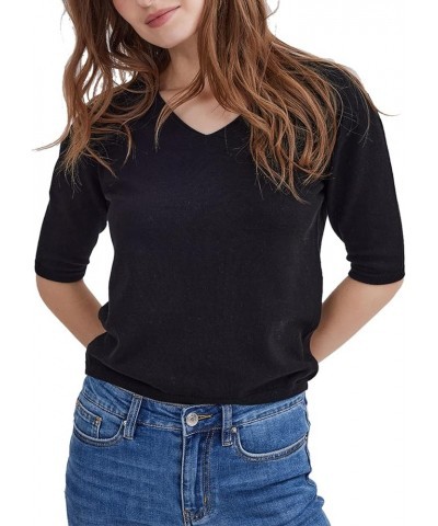 Women's Short Sleeve Sweaters V Neck, Casual Basic Solid Color Pullover Sweater, Lightweight Soft Knit T-Shirt Tops 714 Black...