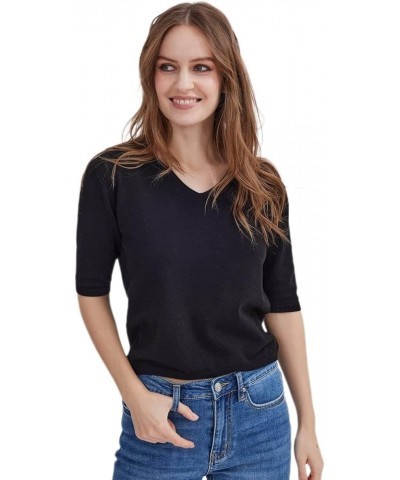 Women's Short Sleeve Sweaters V Neck, Casual Basic Solid Color Pullover Sweater, Lightweight Soft Knit T-Shirt Tops 714 Black...