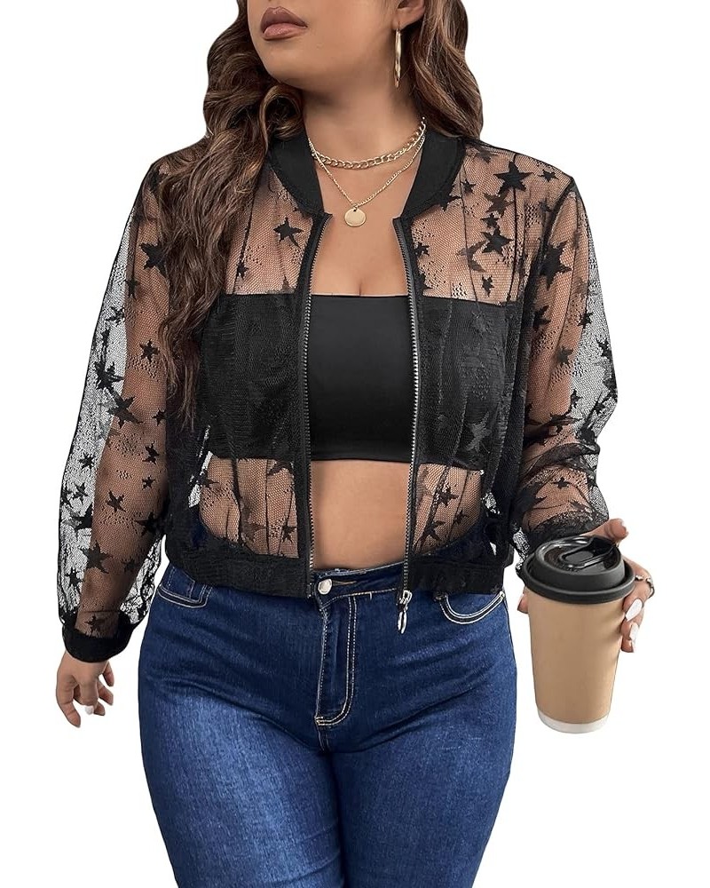 Women's Plus Size Sheer Floral Lace Long Sleeve Baseball Jacket Black Star $14.00 Jackets