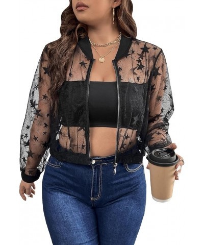 Women's Plus Size Sheer Floral Lace Long Sleeve Baseball Jacket Black Star $14.00 Jackets