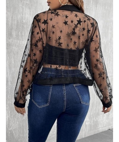 Women's Plus Size Sheer Floral Lace Long Sleeve Baseball Jacket Black Star $14.00 Jackets