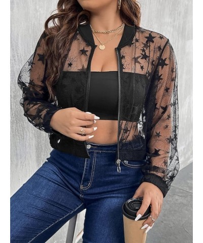 Women's Plus Size Sheer Floral Lace Long Sleeve Baseball Jacket Black Star $14.00 Jackets