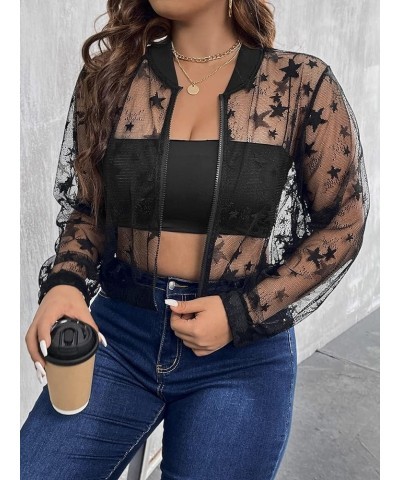 Women's Plus Size Sheer Floral Lace Long Sleeve Baseball Jacket Black Star $14.00 Jackets