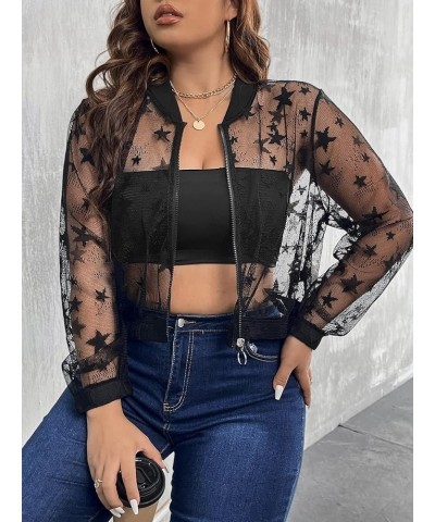 Women's Plus Size Sheer Floral Lace Long Sleeve Baseball Jacket Black Star $14.00 Jackets