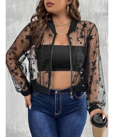 Women's Plus Size Sheer Floral Lace Long Sleeve Baseball Jacket Black Star $14.00 Jackets