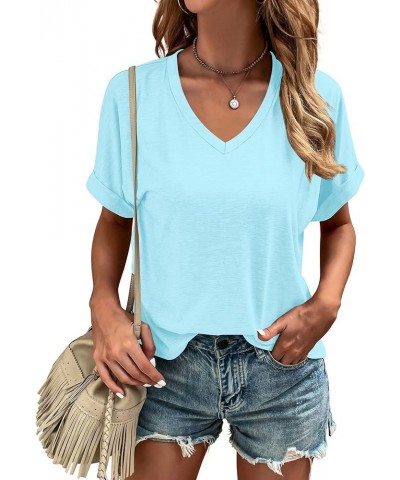 Basic T Shirt for Women Casual V Neck Short Sleeve Tee Shirts Solid Loose Summer Tops Light Blue $10.12 T-Shirts