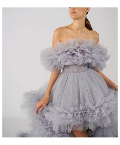 High Low Tulle Prom Dresses Long Ball Gown for Women Puffy Ruffles Off Shoulder Evening Party Dress Silver $46.40 Dresses