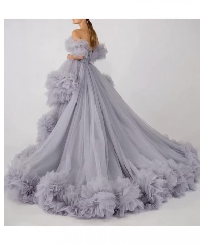 High Low Tulle Prom Dresses Long Ball Gown for Women Puffy Ruffles Off Shoulder Evening Party Dress Silver $46.40 Dresses