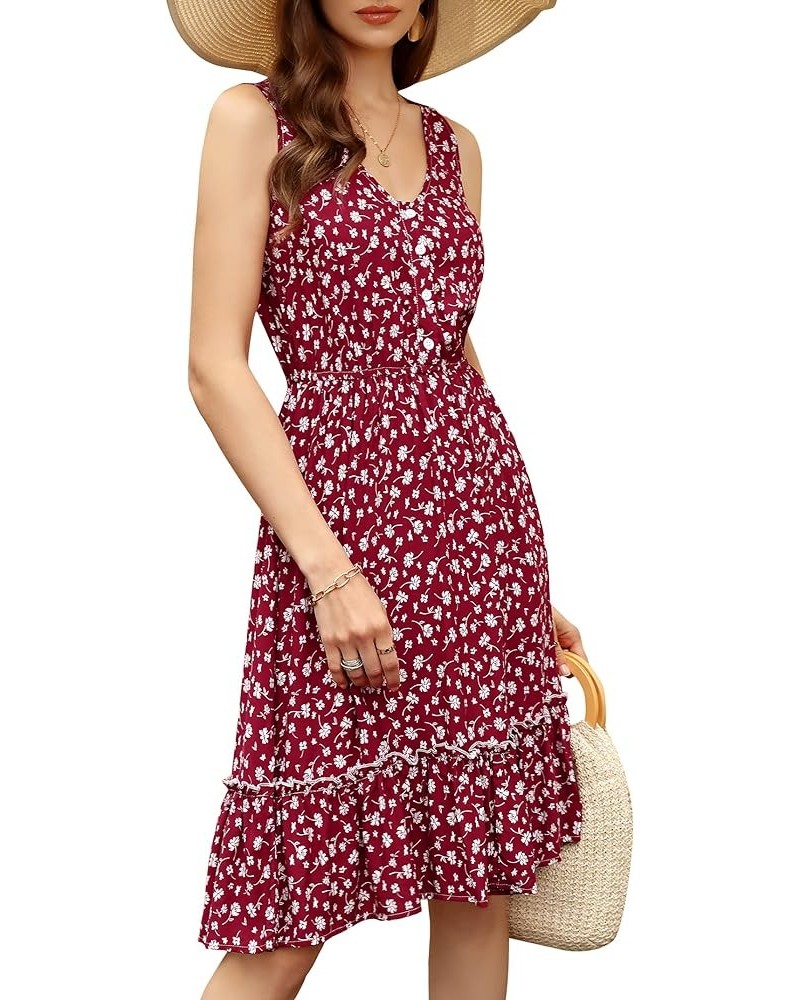 Women Summer Floral Casual Mini Button Down Sleeveless Flare Ruffle Dress Beach Sundress Wine $15.36 Dresses