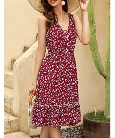 Women Summer Floral Casual Mini Button Down Sleeveless Flare Ruffle Dress Beach Sundress Wine $15.36 Dresses