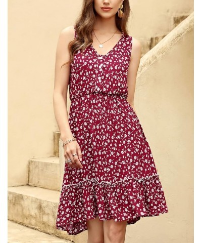 Women Summer Floral Casual Mini Button Down Sleeveless Flare Ruffle Dress Beach Sundress Wine $15.36 Dresses