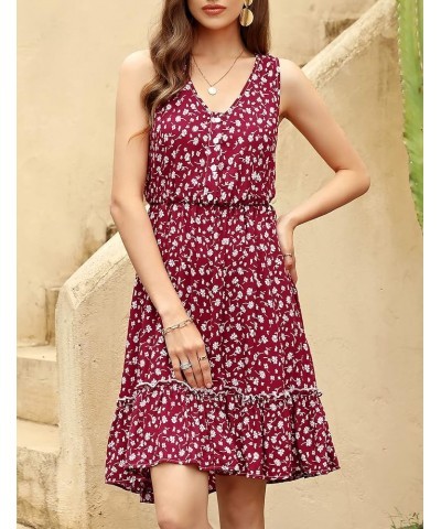 Women Summer Floral Casual Mini Button Down Sleeveless Flare Ruffle Dress Beach Sundress Wine $15.36 Dresses