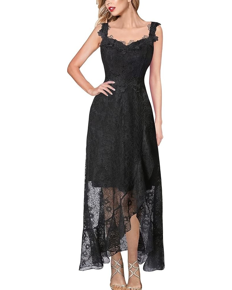 Womens Floral Lace Spaghetti Strap Applique Ruffle Split Formal Evening Gown Wedding A-line Maxi Dress Black Floral Lace $33....