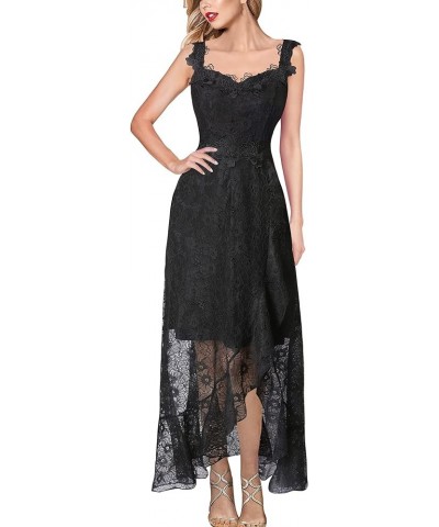 Womens Floral Lace Spaghetti Strap Applique Ruffle Split Formal Evening Gown Wedding A-line Maxi Dress Black Floral Lace $33....