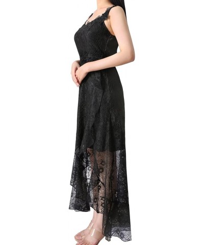 Womens Floral Lace Spaghetti Strap Applique Ruffle Split Formal Evening Gown Wedding A-line Maxi Dress Black Floral Lace $33....