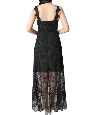 Womens Floral Lace Spaghetti Strap Applique Ruffle Split Formal Evening Gown Wedding A-line Maxi Dress Black Floral Lace $33....