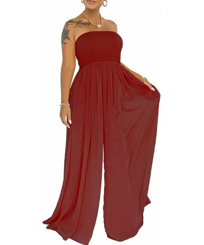 Women's Sexy Off Shoulder Strapless Loose Wide Leg Jumpsuit Long Romper with Pockets 083 Red $28.41 Jumpsuits