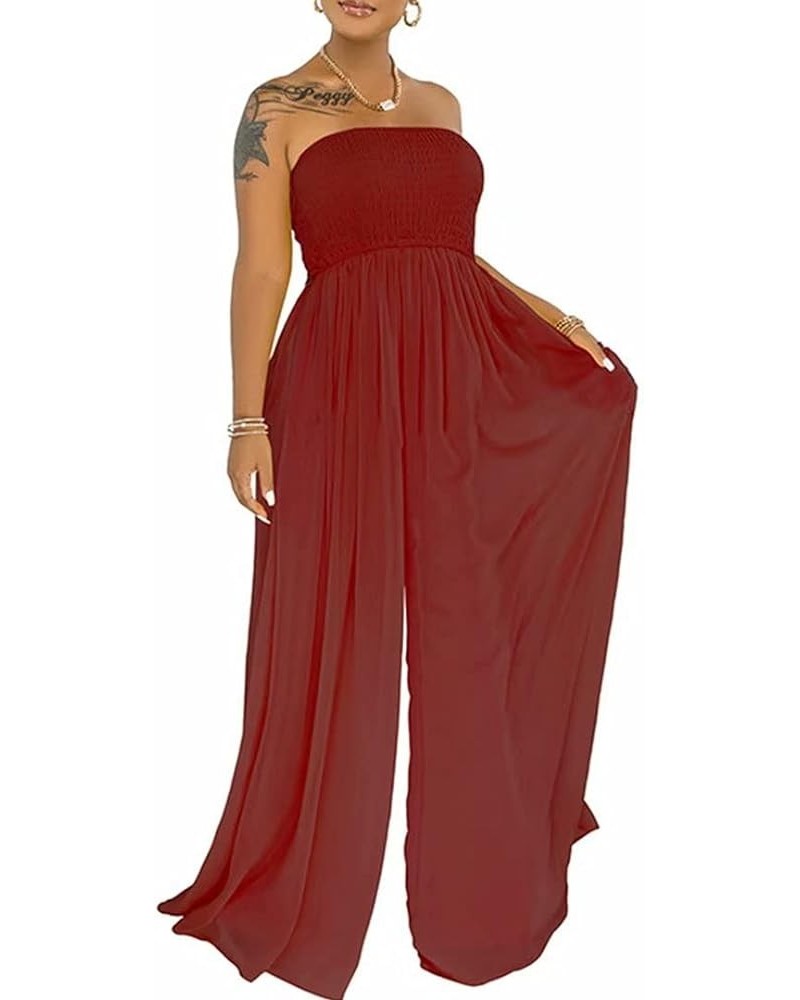 Women's Sexy Off Shoulder Strapless Loose Wide Leg Jumpsuit Long Romper with Pockets 083 Red $28.41 Jumpsuits