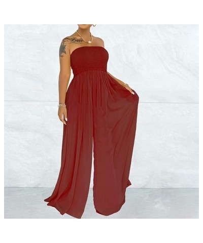 Women's Sexy Off Shoulder Strapless Loose Wide Leg Jumpsuit Long Romper with Pockets 083 Red $28.41 Jumpsuits