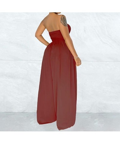 Women's Sexy Off Shoulder Strapless Loose Wide Leg Jumpsuit Long Romper with Pockets 083 Red $28.41 Jumpsuits