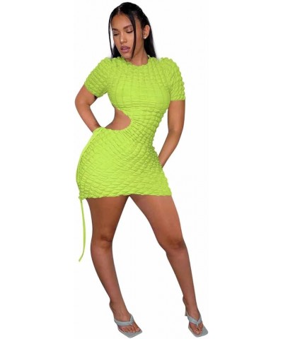 Women’s Stacked Mini Dress Sexy Waist Hollow Out Drawstring Dress Long Sleeve Bodycon Cut Out Short Dress B-lime Green $20.27...