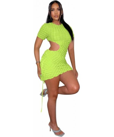 Women’s Stacked Mini Dress Sexy Waist Hollow Out Drawstring Dress Long Sleeve Bodycon Cut Out Short Dress B-lime Green $20.27...