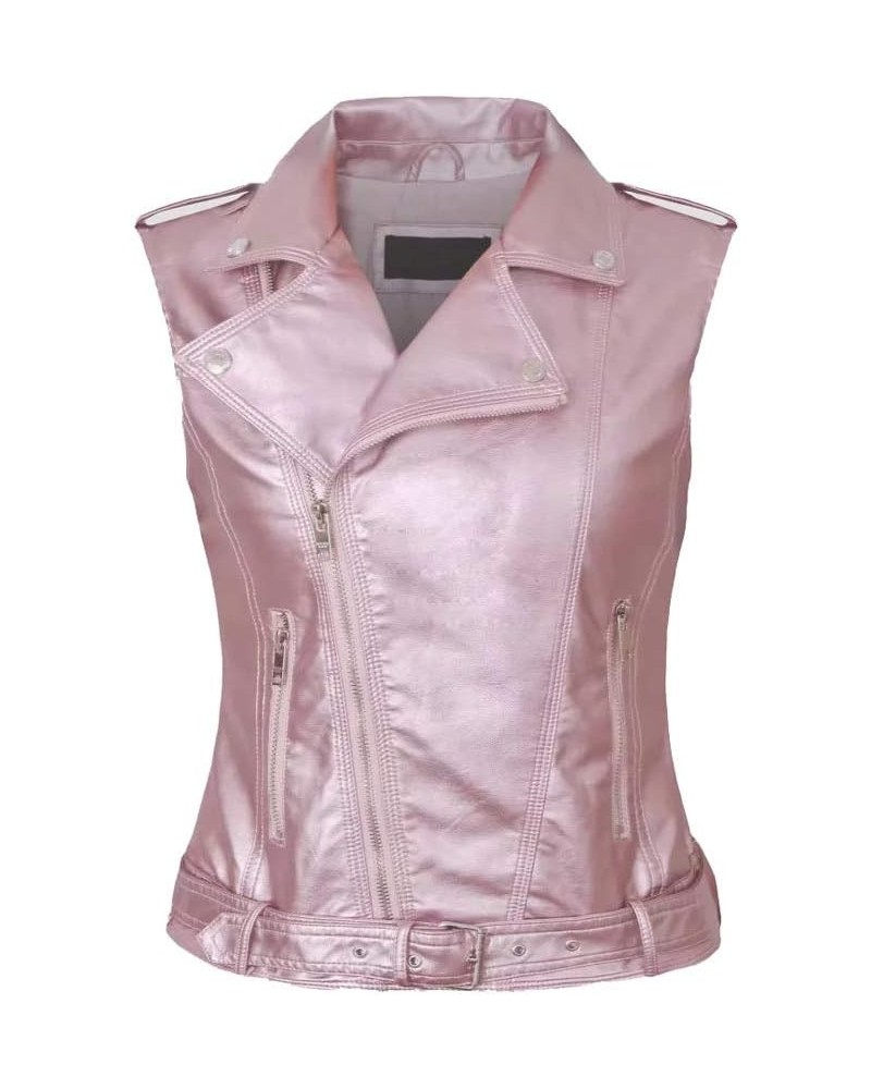 Women PU Leather Vest Motorcycle Biker Jacket Bright Pink $24.71 Coats