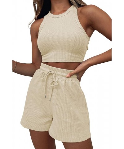 Womens 2 Piece Outfits Lounge Matching Sets Two Piece Linen Shorts Spring Tops 2024 Trendy Clothes Summer Vacation Beige $13....