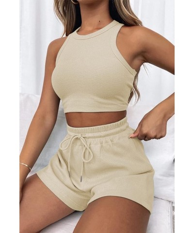 Womens 2 Piece Outfits Lounge Matching Sets Two Piece Linen Shorts Spring Tops 2024 Trendy Clothes Summer Vacation Beige $13....