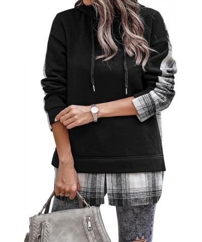 Womens Patchwork Hoodie Drawstring Long Sleeve Split Hem Plaid Patchwork Hooded Sweatshirts for Daily Work Black $13.83 Hoodi...