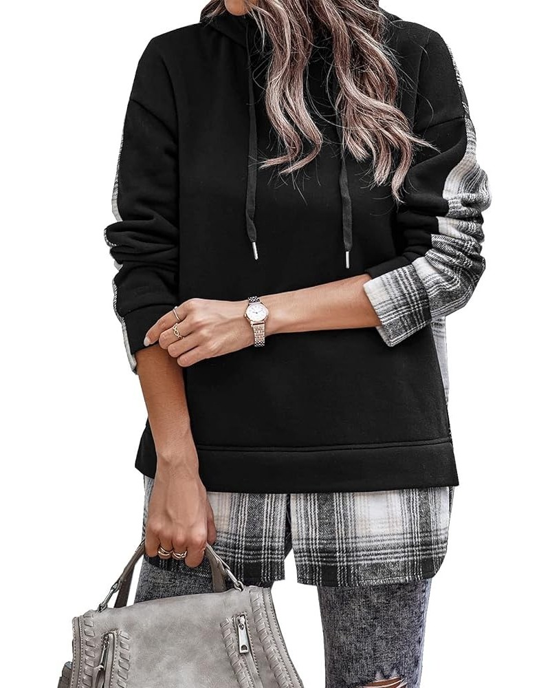 Womens Patchwork Hoodie Drawstring Long Sleeve Split Hem Plaid Patchwork Hooded Sweatshirts for Daily Work Black $13.83 Hoodi...