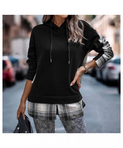 Womens Patchwork Hoodie Drawstring Long Sleeve Split Hem Plaid Patchwork Hooded Sweatshirts for Daily Work Black $13.83 Hoodi...