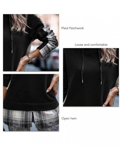 Womens Patchwork Hoodie Drawstring Long Sleeve Split Hem Plaid Patchwork Hooded Sweatshirts for Daily Work Black $13.83 Hoodi...