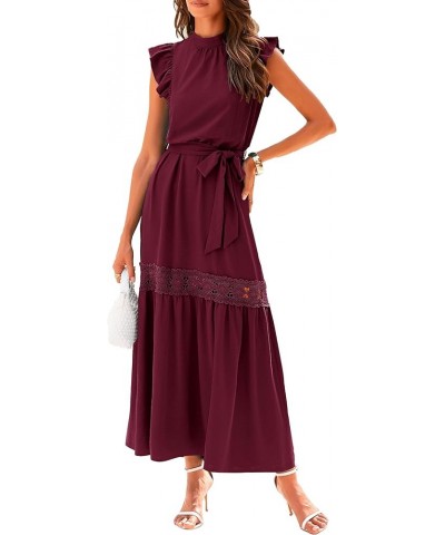 Women's 2024 Summer Boho Maxi Dress Cap Sleeve Belted Long Flowy Beach Sundress Wine Red $18.86 Dresses