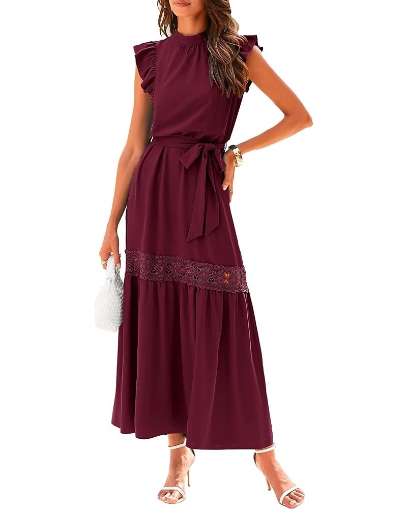 Women's 2024 Summer Boho Maxi Dress Cap Sleeve Belted Long Flowy Beach Sundress Wine Red $18.86 Dresses