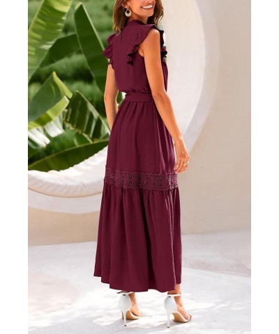 Women's 2024 Summer Boho Maxi Dress Cap Sleeve Belted Long Flowy Beach Sundress Wine Red $18.86 Dresses