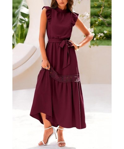 Women's 2024 Summer Boho Maxi Dress Cap Sleeve Belted Long Flowy Beach Sundress Wine Red $18.86 Dresses