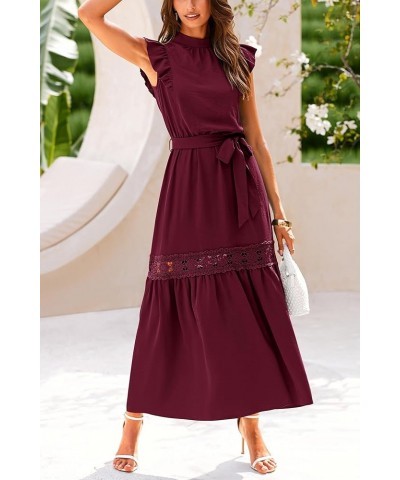 Women's 2024 Summer Boho Maxi Dress Cap Sleeve Belted Long Flowy Beach Sundress Wine Red $18.86 Dresses