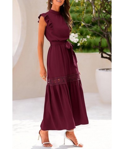 Women's 2024 Summer Boho Maxi Dress Cap Sleeve Belted Long Flowy Beach Sundress Wine Red $18.86 Dresses