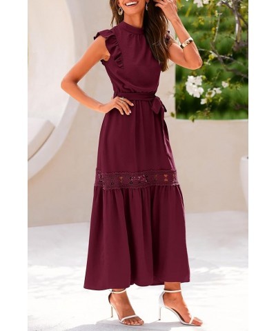 Women's 2024 Summer Boho Maxi Dress Cap Sleeve Belted Long Flowy Beach Sundress Wine Red $18.86 Dresses