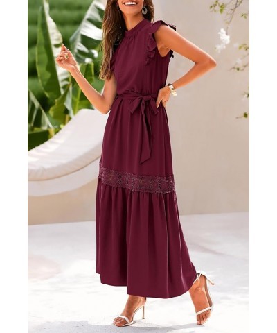 Women's 2024 Summer Boho Maxi Dress Cap Sleeve Belted Long Flowy Beach Sundress Wine Red $18.86 Dresses