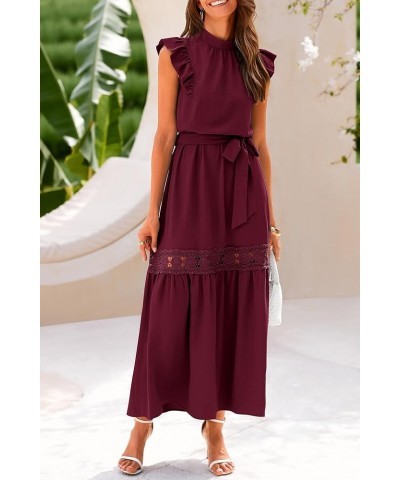 Women's 2024 Summer Boho Maxi Dress Cap Sleeve Belted Long Flowy Beach Sundress Wine Red $18.86 Dresses