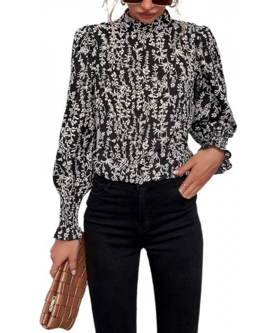 Women's Leopard Print Long Sleeve Frill Trim Mock Neck Blouse Tops Black and White $17.81 Blouses