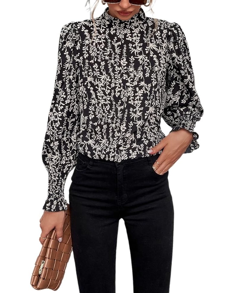 Women's Leopard Print Long Sleeve Frill Trim Mock Neck Blouse Tops Black and White $17.81 Blouses